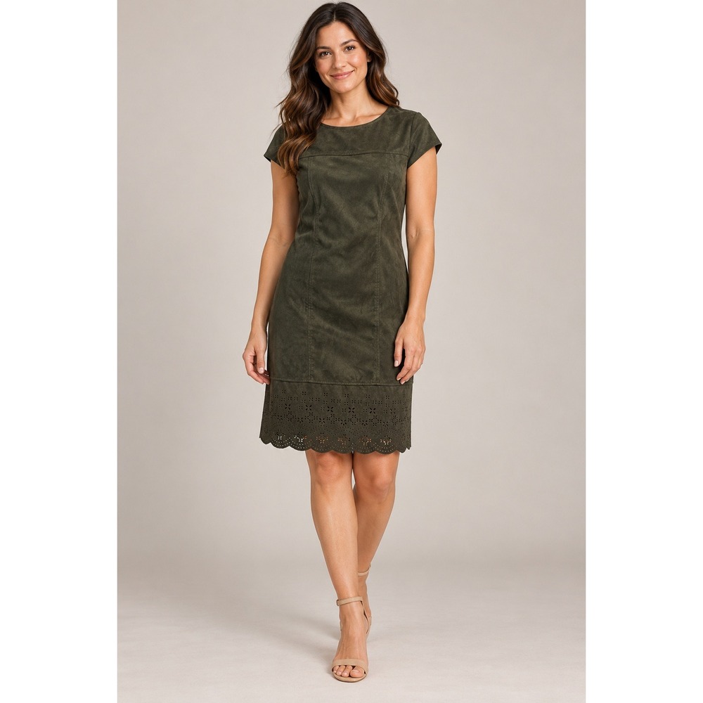 Xhilaration Faux Suede Dress Womens Medium Olive Green Scalloped Eyelet Hem
